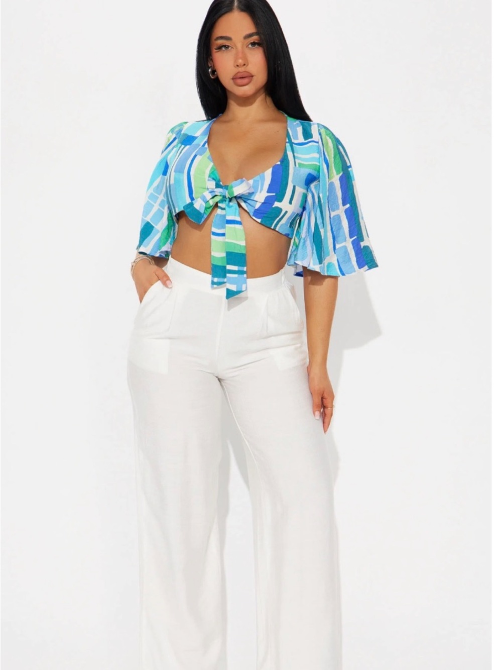 Fashion Nova Blue and Green Tie-Front Cropped Blouse